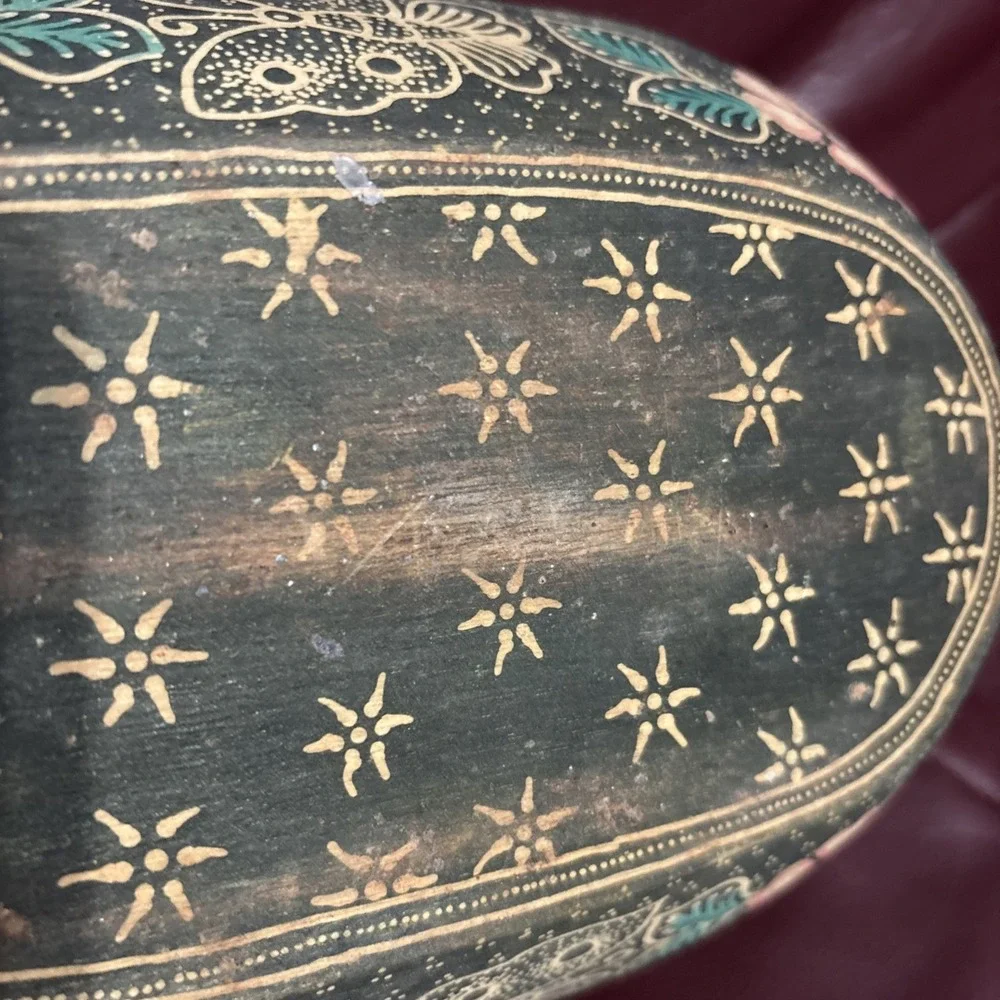 Vintage Hand Carved Wooden Bowl Floral Painted Folk Art Decorative Tray Rustic